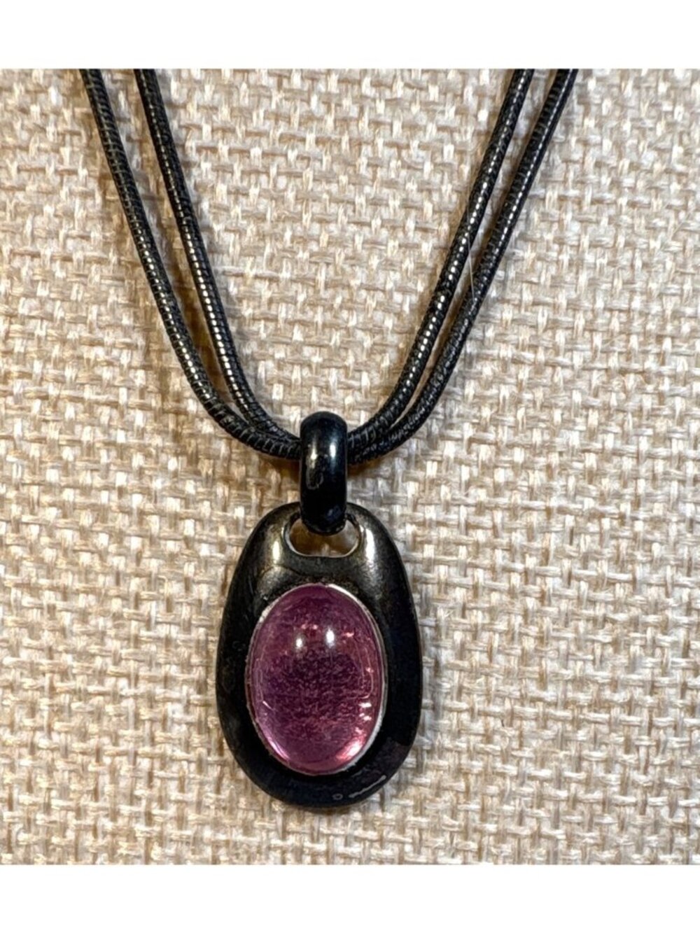Vintage Pink Gemstone Pendant Necklace Black Double Cord Adjustable Lobster Clas